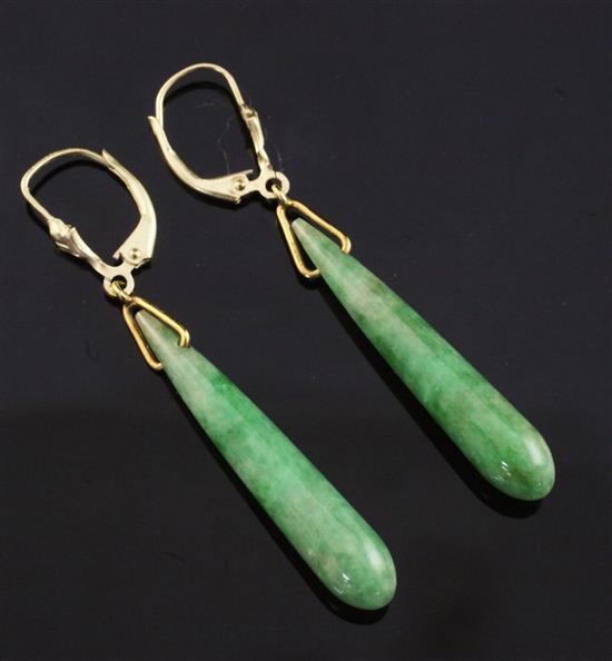 A pair of 9ct gold and jadeite drop earrings, drop 1.25in.